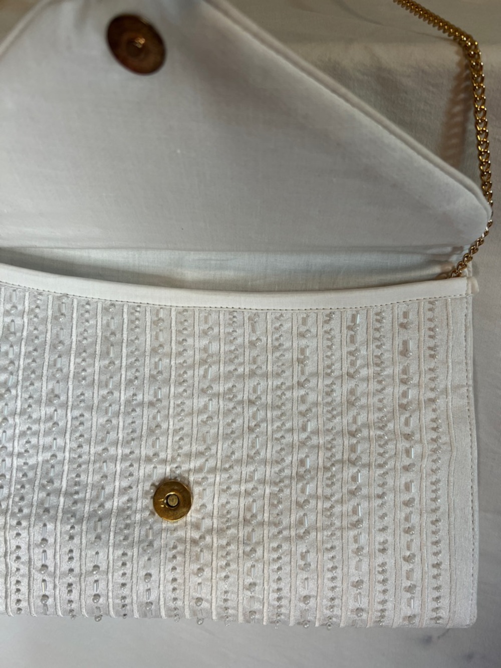 Bridal White Beaded Envelope Clutch with Gold Chain Strap - Picture 5 of 11